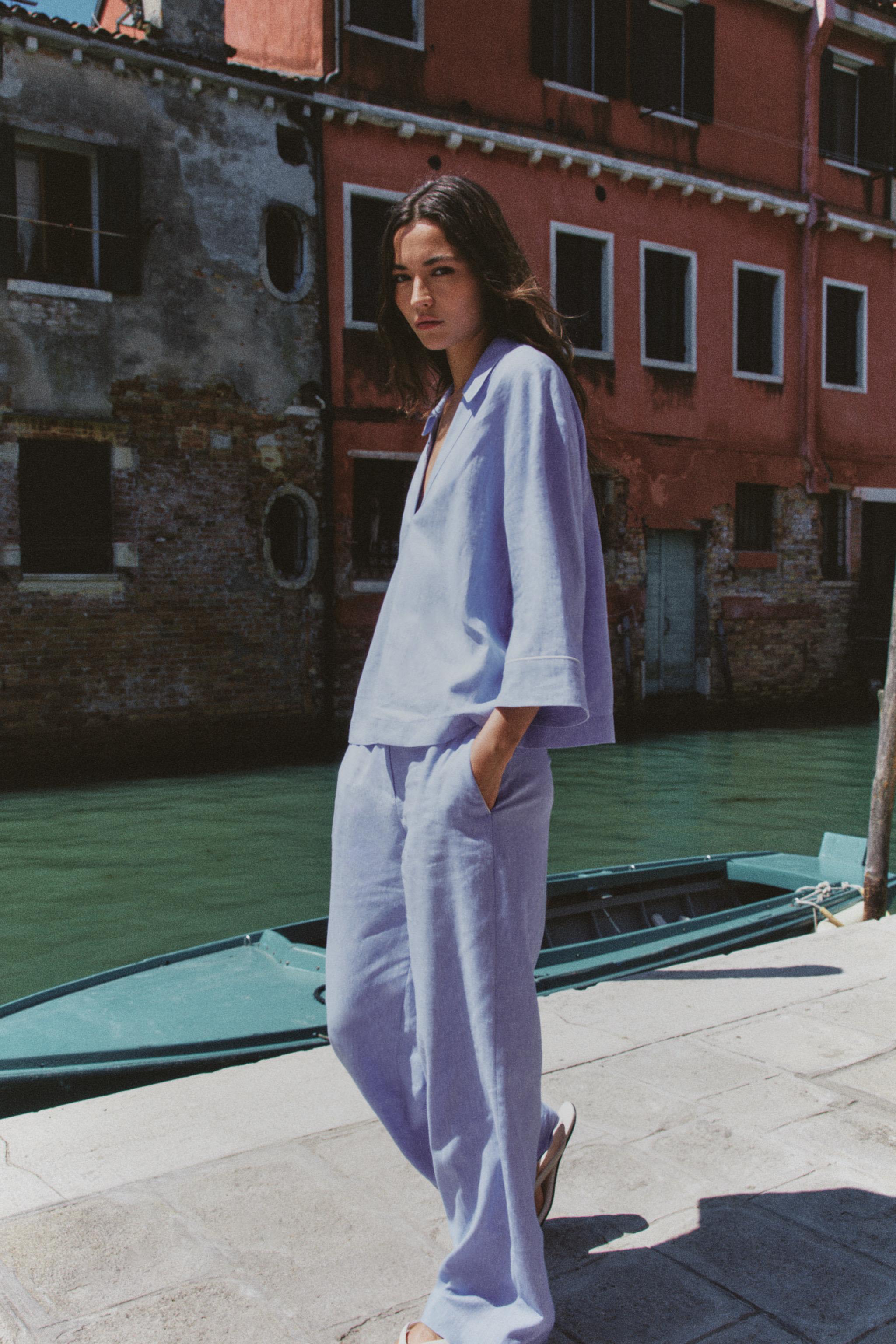 LINEN BLOUSE WITH CONTRAST PIPING